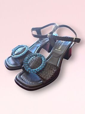 Pons Quintana Brown Woven Leather Block Heel Sandals with Turquoise Accent Sz 11